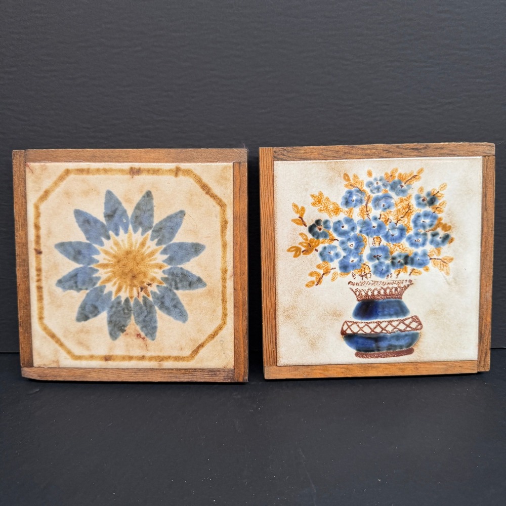 Vintage Italian Ceramic Art Tiles Set of 2 Wood Framed Floral Blue Made in Italy